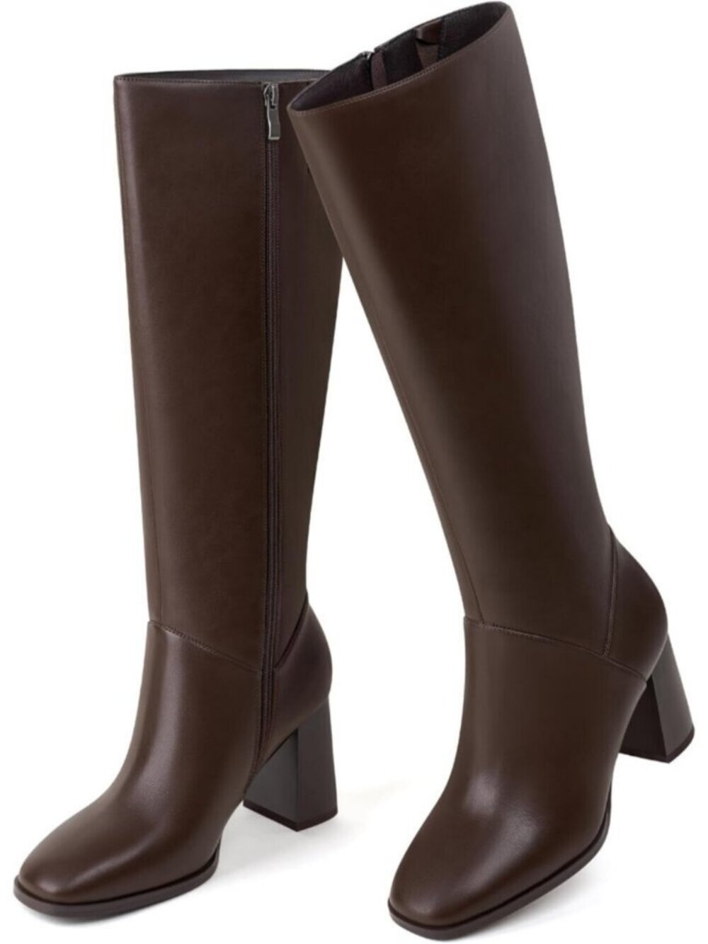 Women's Dark Brown Knee High Boots Square Toe Chunky Block Heel Boots Side Zip